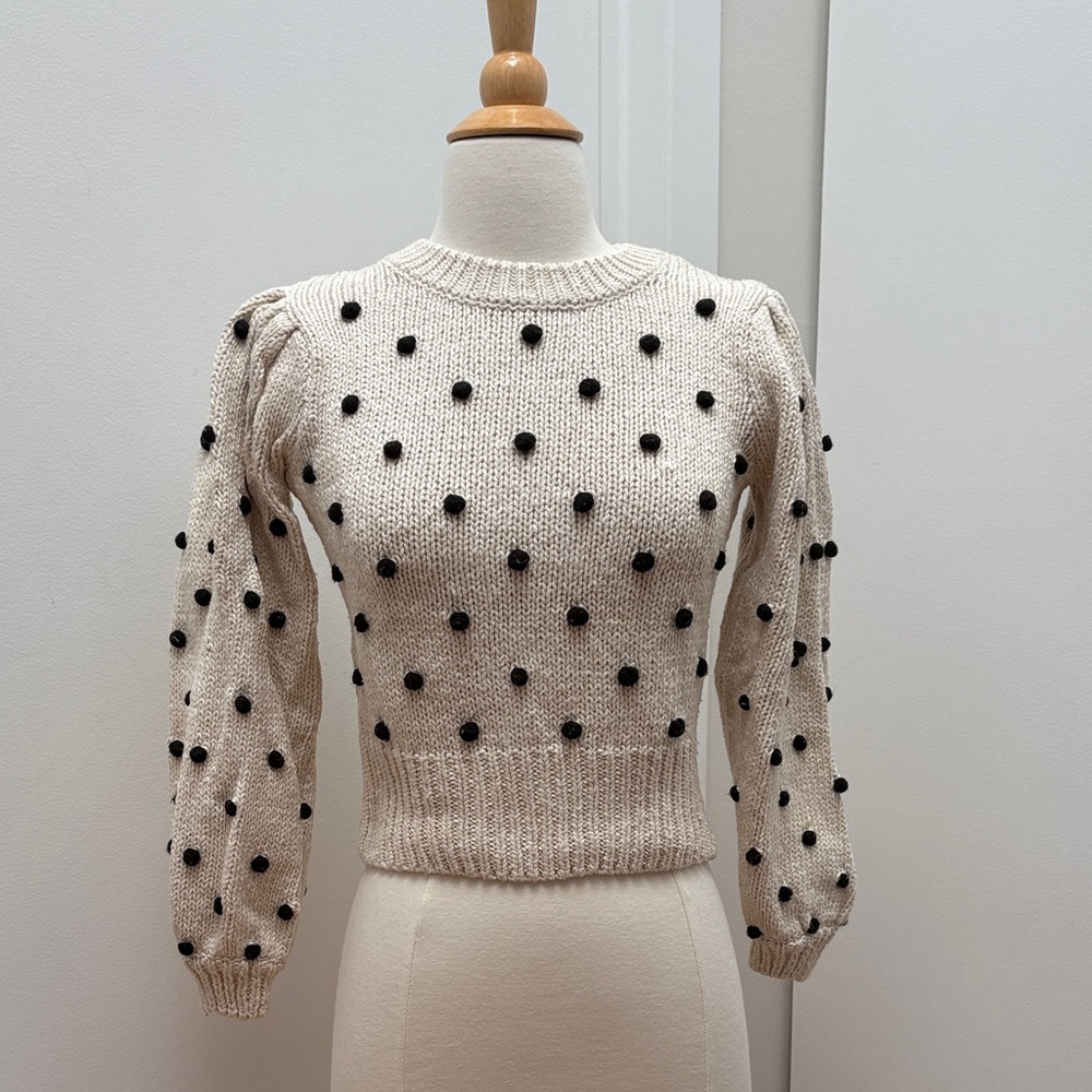 Astr Cream Crewneck Sweater with Black Pom-Poms